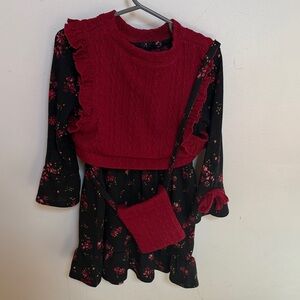 Rare Editions Red and Black Floral Dress with Knit Vest